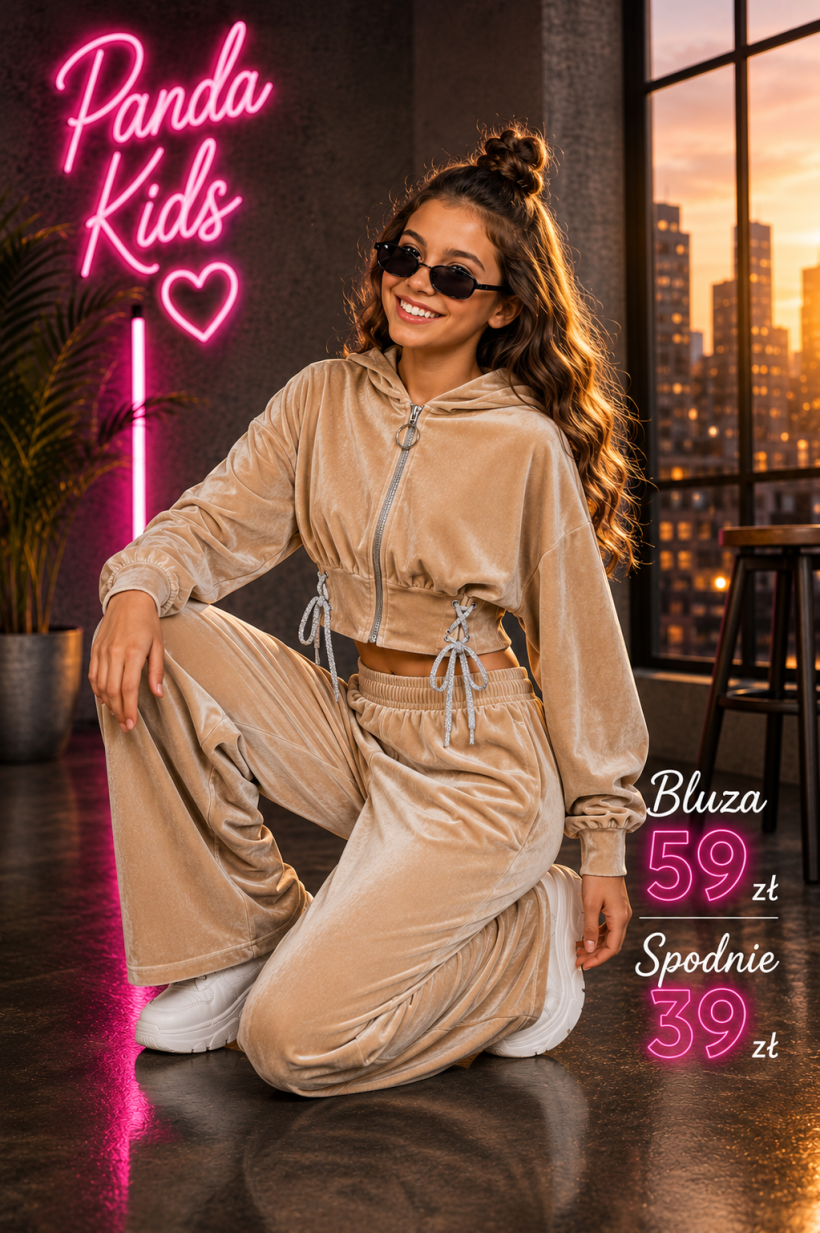 Bluza welur sznurki beż