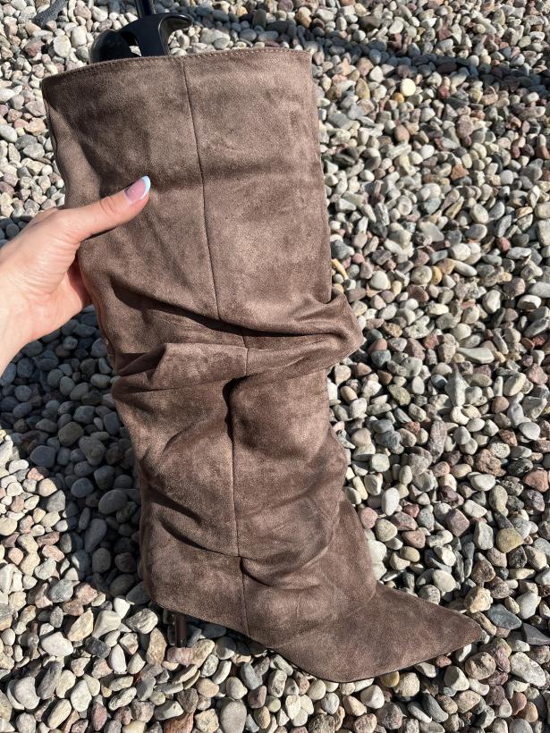 GRACJA 2 botek ideal Shoes 7111 khaki beżowy marszczony kozak wysoki na szpilce