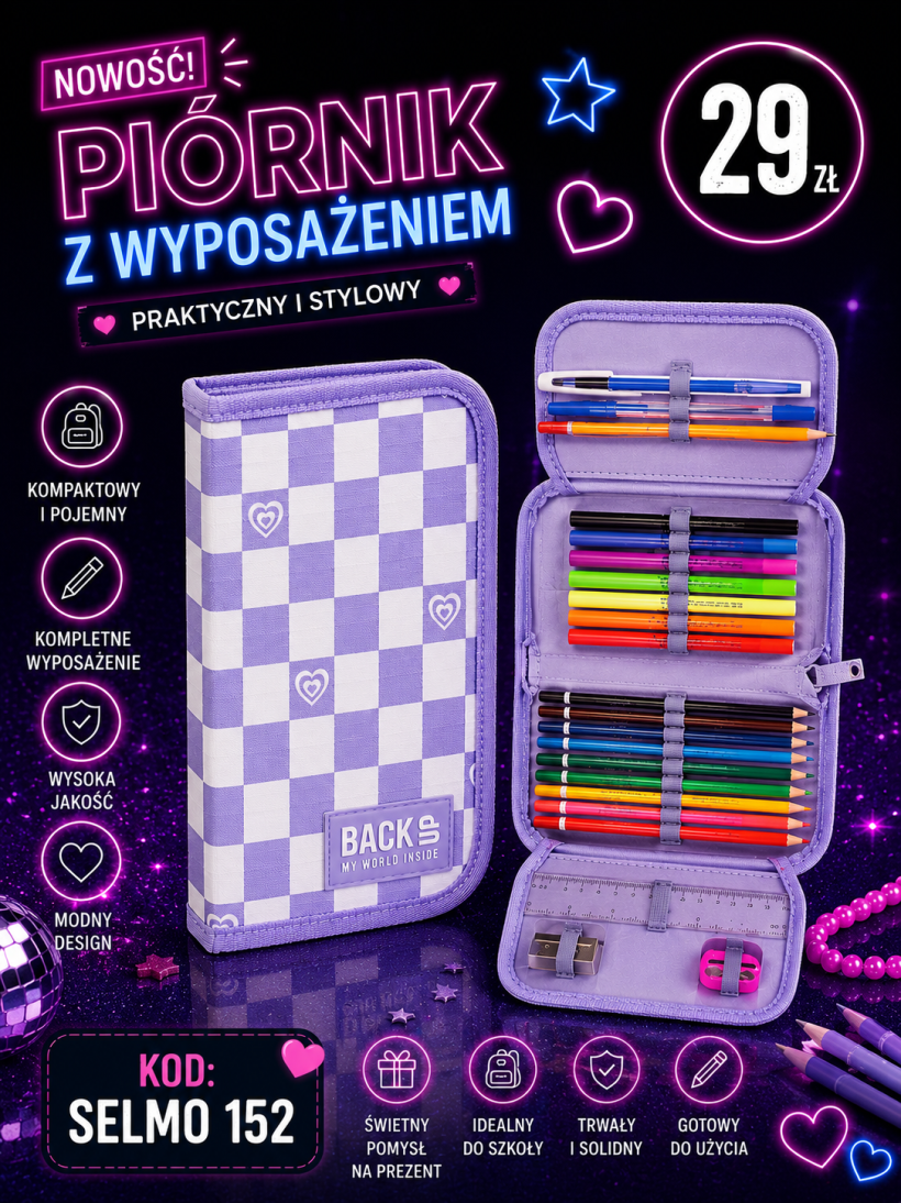 Piórnik z wyposażeniem kratka serca