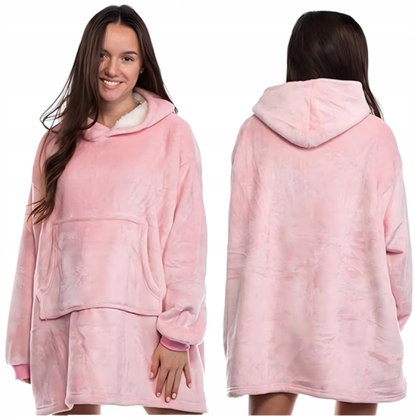 Duża bluza koc kocobluza oversize gruba z kapturem szlafrok damska męska róż