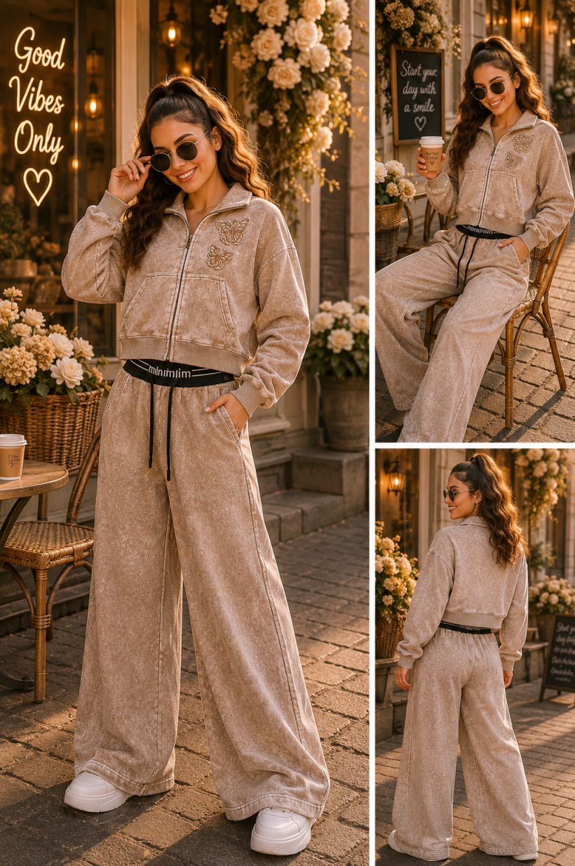komplet dres dekatyzowany kwiat latte