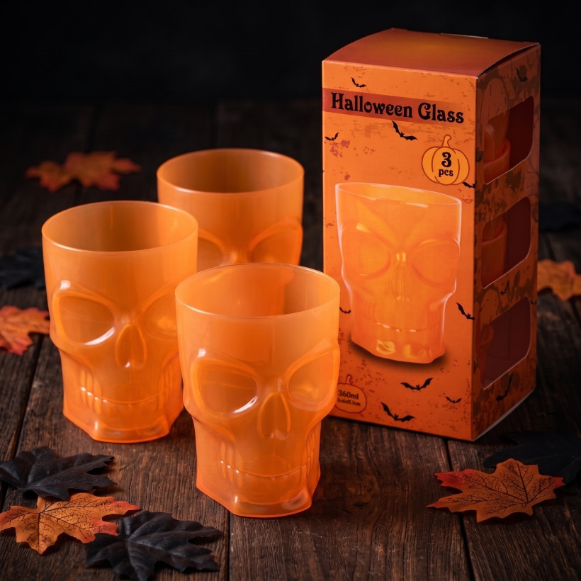 Kubki pomarańczowe czaszki 360 ml – zestaw 3 sztuk Halloween