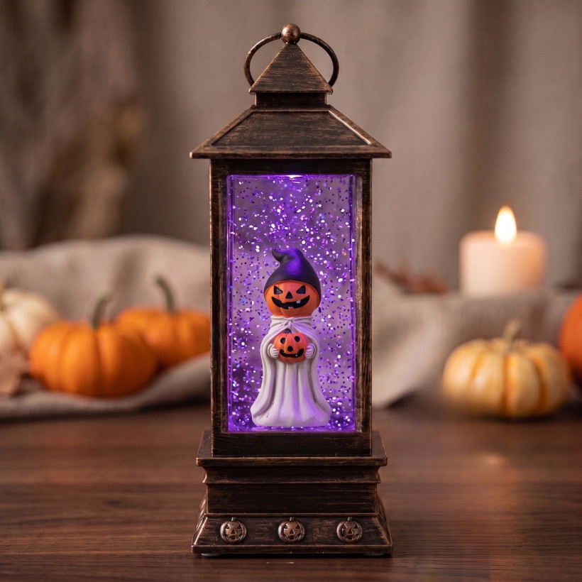 Latarenka latarnia lampion halloween LED RGB z wirującym brokatem z duszkiem i dyniami – 30 cm