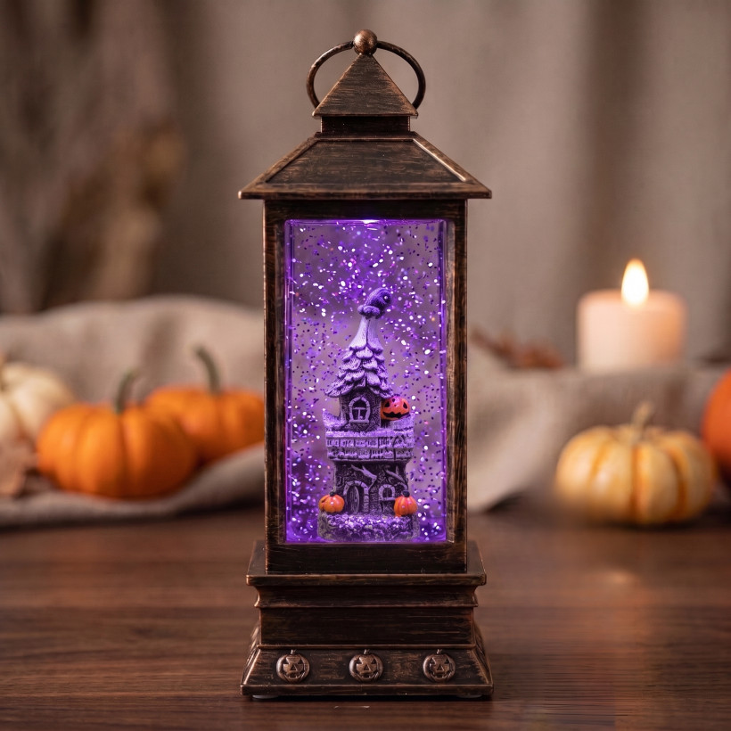 Latarenka latarnia lampion halloween LED RGB z wirującym brokatem z nawiedzonym domem – 30 cm
