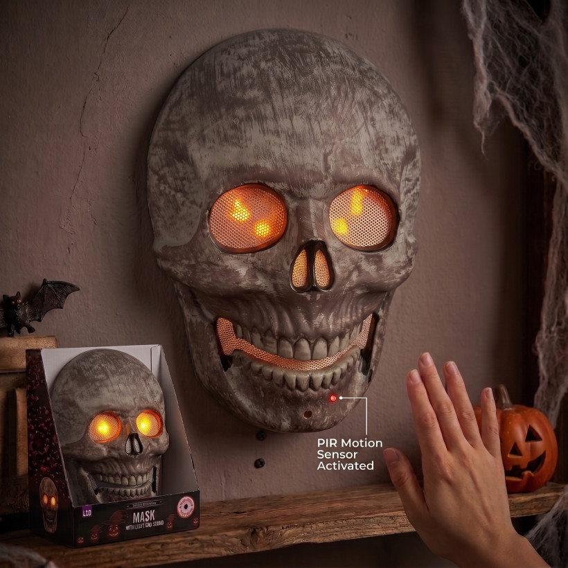 Dekoracyjna maska na ścianę z podświetleniem led i dźwiękiem sensor ruchu Halloween Czaszka
