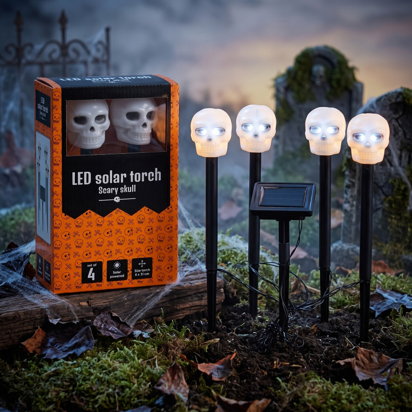 Lampy solarne led do ogrodu – czaszki na Halloween zestaw 4 szt