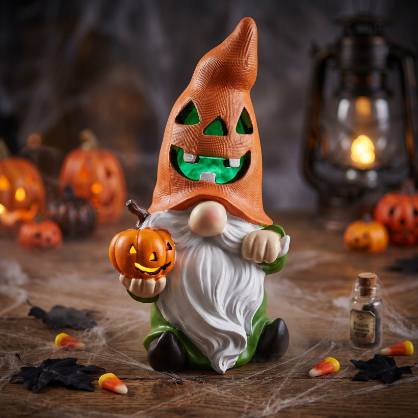 Dekoracyjny krasnal z dynią led rgb na Halloween – 28 cm
