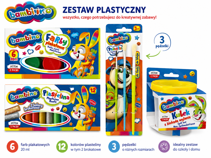Zestaw plastyczny Bambino – Farby, plastelina, pędzelki i kubek