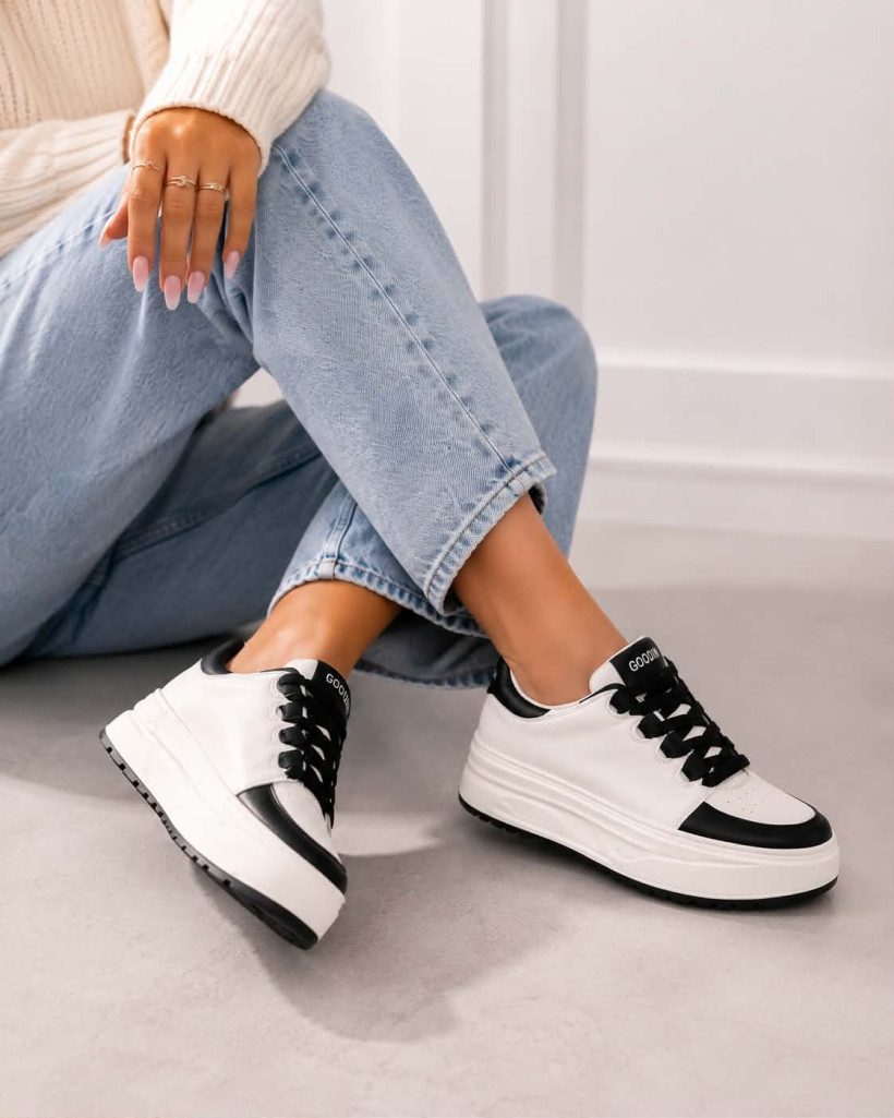 WYPRZEDAŻ Sneakersy damskie sportowe GOODIN GD-XF-117 modne wygodne skóra lekkie czarno- białe