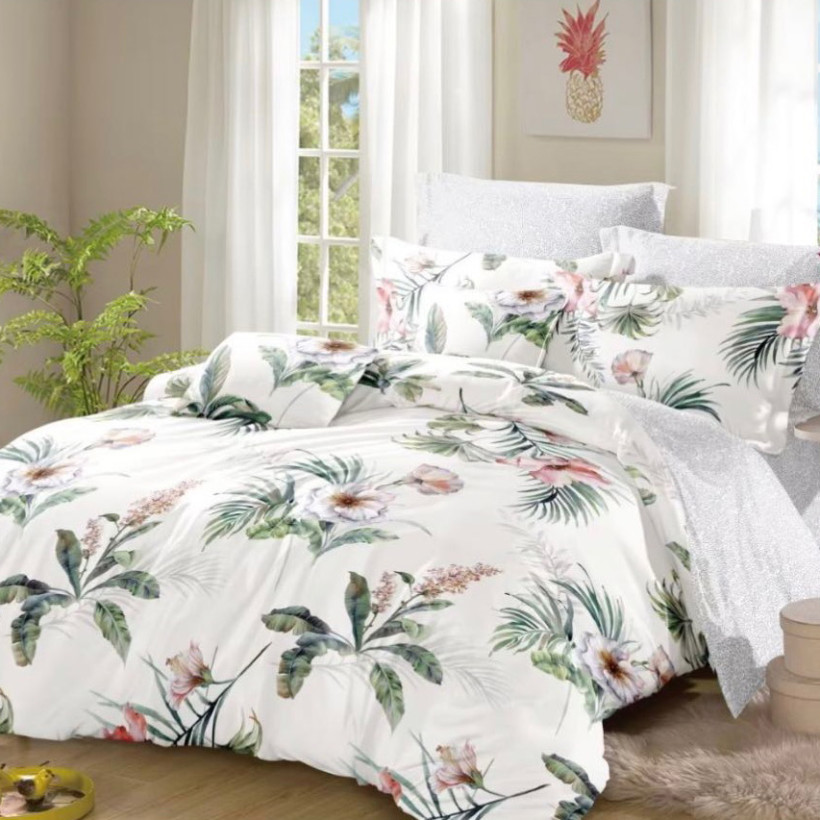 Komplet pościeli 3cz. 200×220cm satyna bawełniana liście kwiaty PO-D3