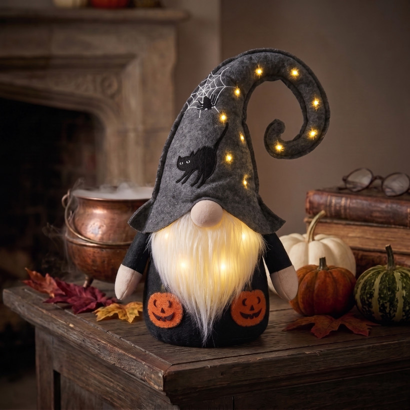 Krasnal skrzat dekoracja Stoper do drzwi Led na Halloween – 40 cm Czarny z kotem