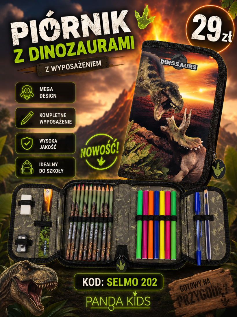 Piórnik z wyposażeniem dinozaur