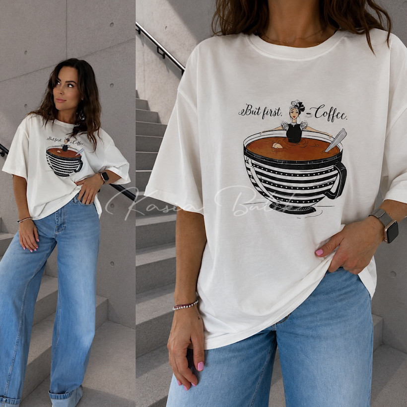T-Shirt Bawełniany But First Coffee Biały