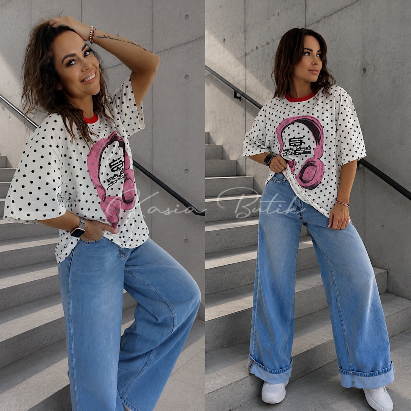 T-Shirt Bawełniany Music Groszki Biały