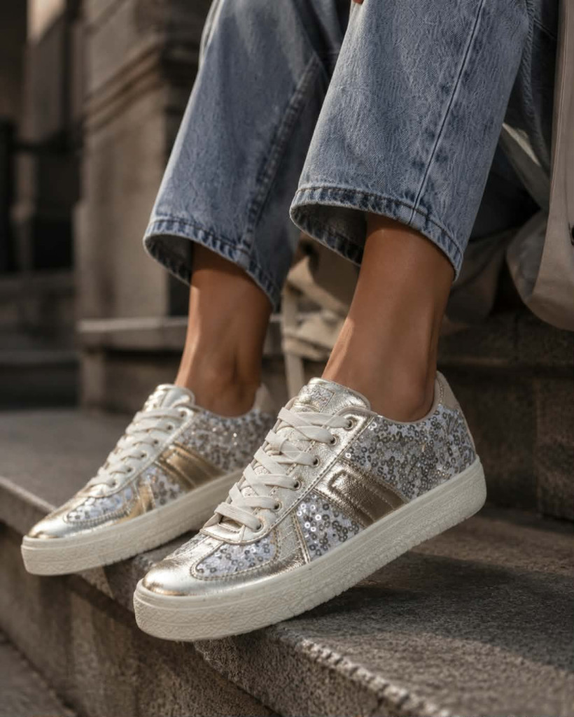 WYPRZEDAŻ Sportowe damskie sneakersy skóra naturalna GOODIN BK-0004 cekiny