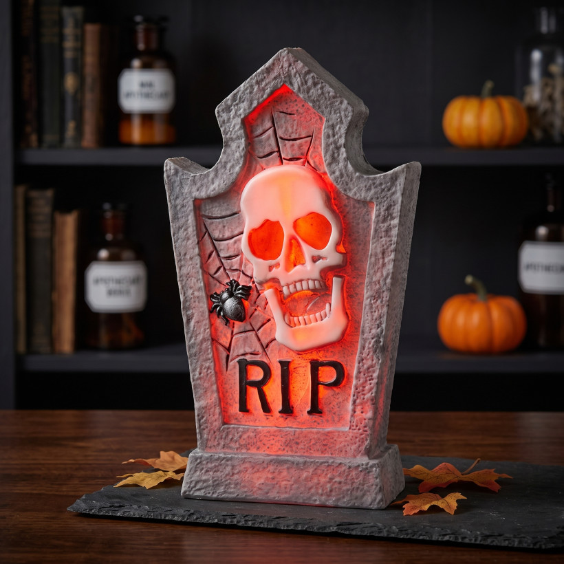 Dekoracja nagrobek RIP z pająkiem LED RGB na Halloween 28cm