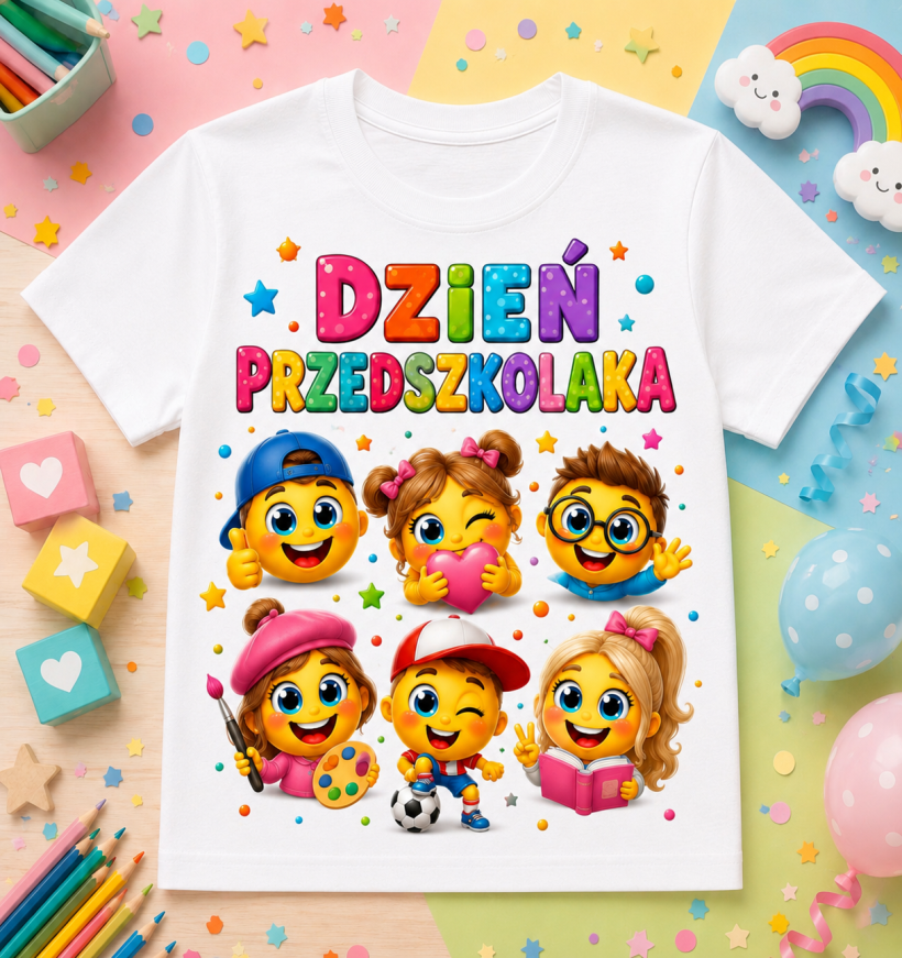 T-Shirt biały DR dzień przedszkolaka emotki