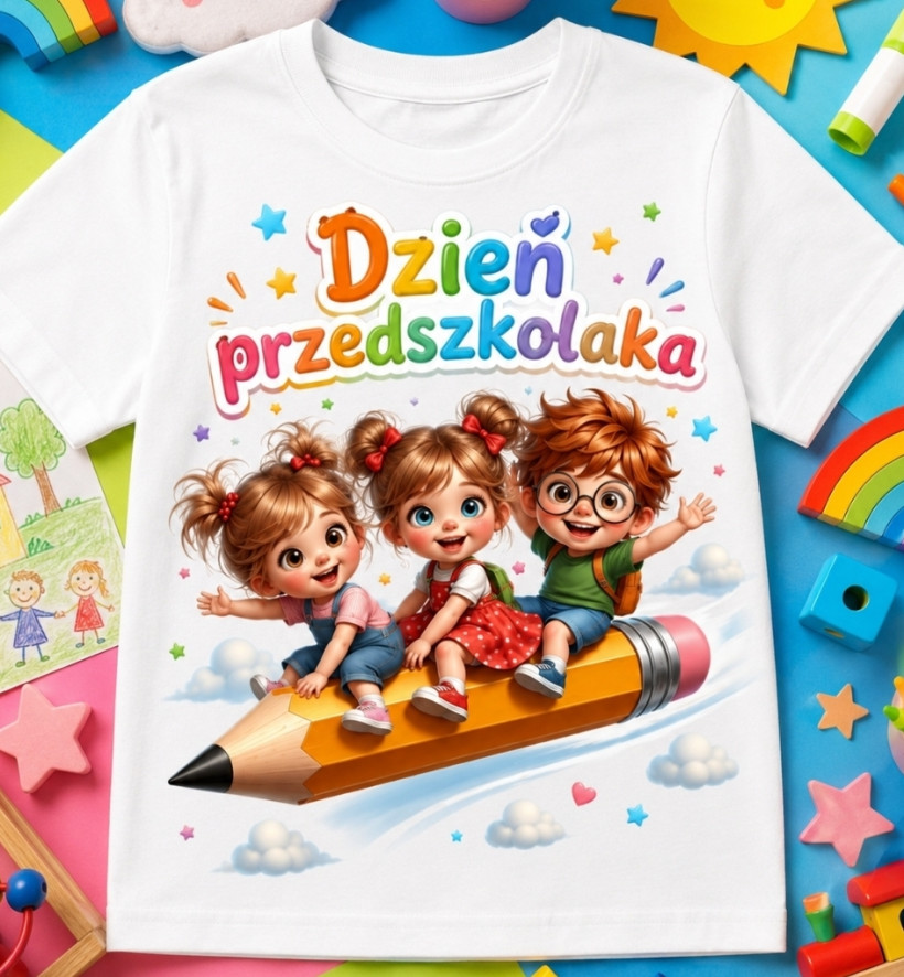 T-Shirt biały DR dzień przedszkolaka kredka