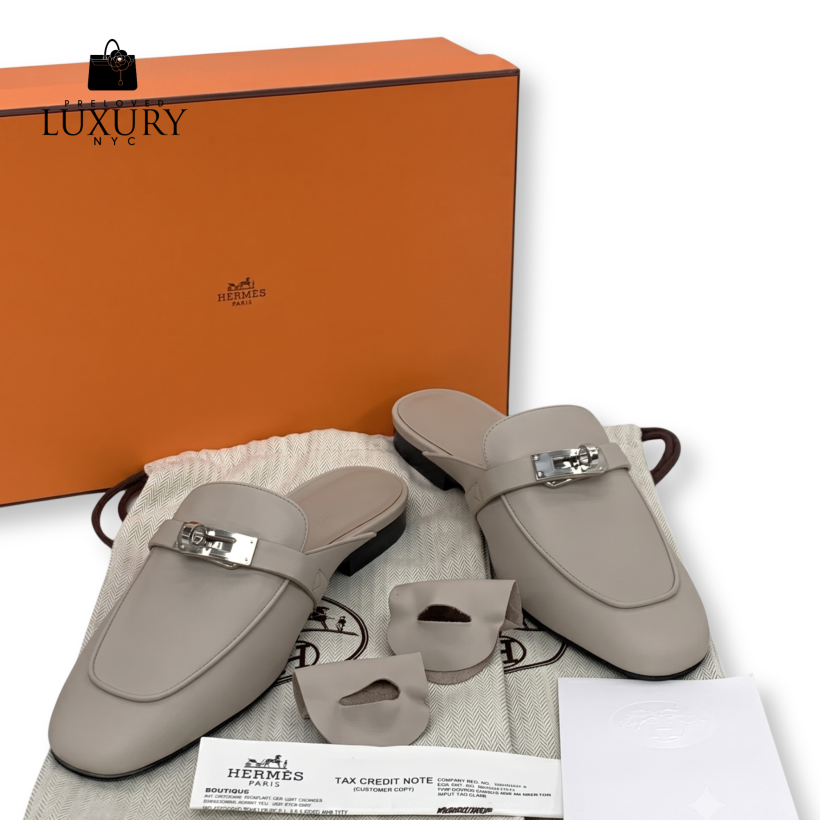 HERMES Beige Kelly Oz Mule Ruban Slip-Ons