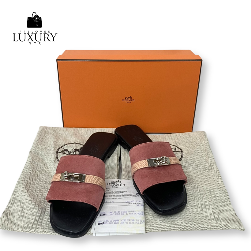 HERMES Kelly Giulia Lizard Suede Sandals