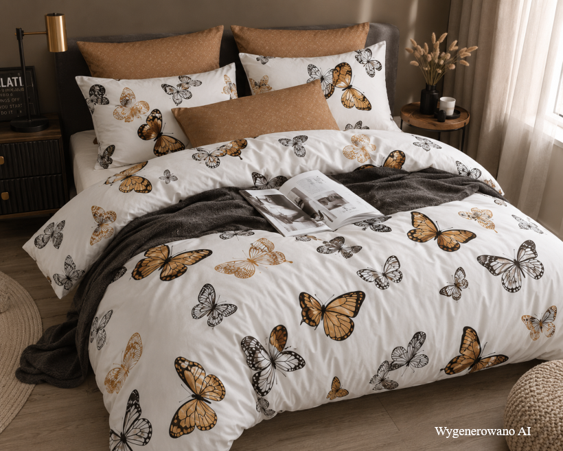 Komplet pościeli flanela A-075 biała w motylki  200x220 100% bawełna