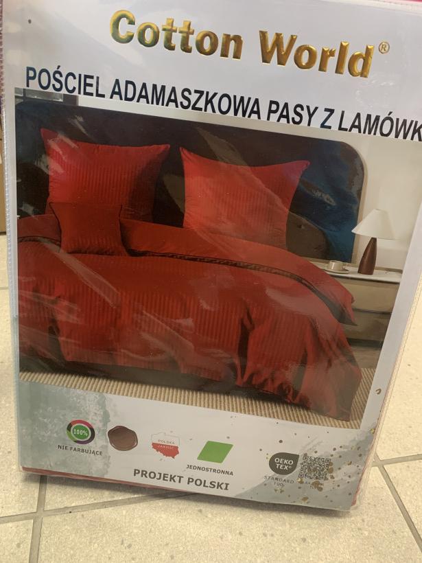 Pościel adamaszkowa pasy z lamówką - czerwona  -220x200 cm - 3169