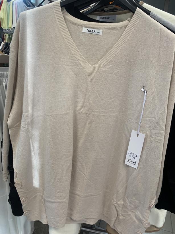 Sweterek z długim rękawem , dekolt w serek - beżowy - S/M // L/XL - 2458