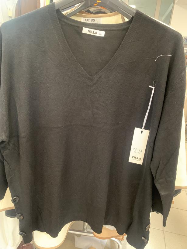 Sweterek z długim rękawem , dekolt w serek - czarny -S/M //  L/XL - 2458