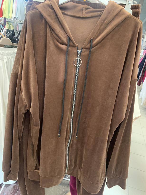 Komplet dresowy , welurowy ( bluza rozpinana z kapturem + spodnie ) - czekolada - 22364