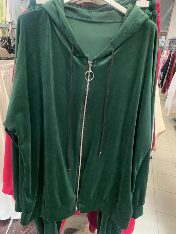 Komplet dresowy , welurowy ( bluza  rozpinana z kapturem + spodnie ) - butelkowa zieleń - 22364