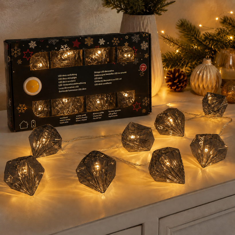Dekoracyjny łańcuch świetlny LED z ozdobnymi kloszami – 8 LED, 1,4 m