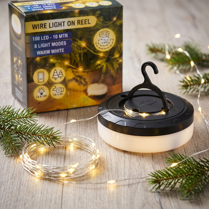 Lampki dekoracyjne LED na szpuli, rolce, zwiajku – 100 LED, 10 m, ładowanie na kabel, ciepła biel