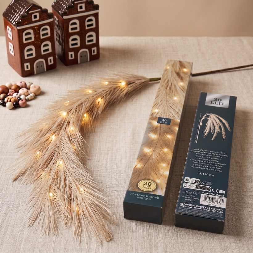 Gałąź dekoracyjna z beżowymi piórkami LED 130 cm – 20 diod, ciepła biel