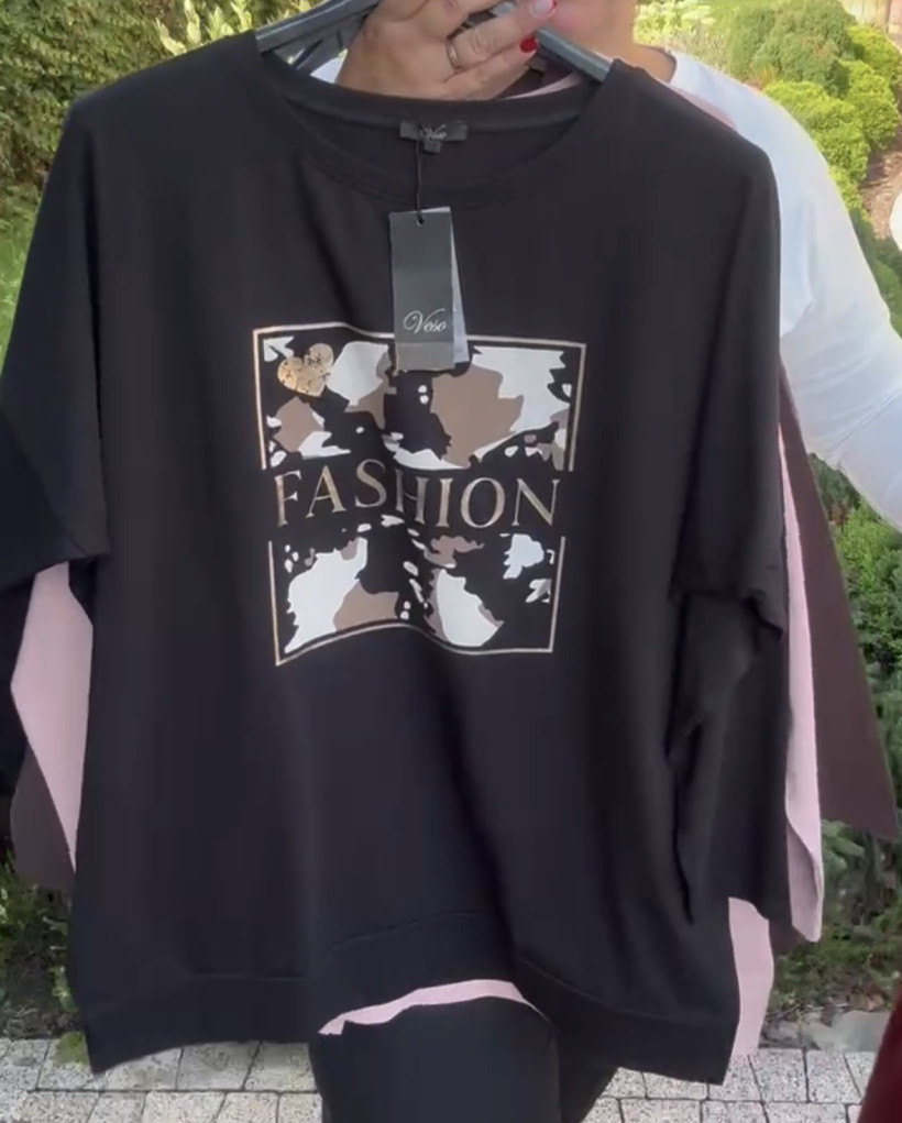 Bluzka jednokolorowa, wzór fasion krówka, veso - 9184 - czarna