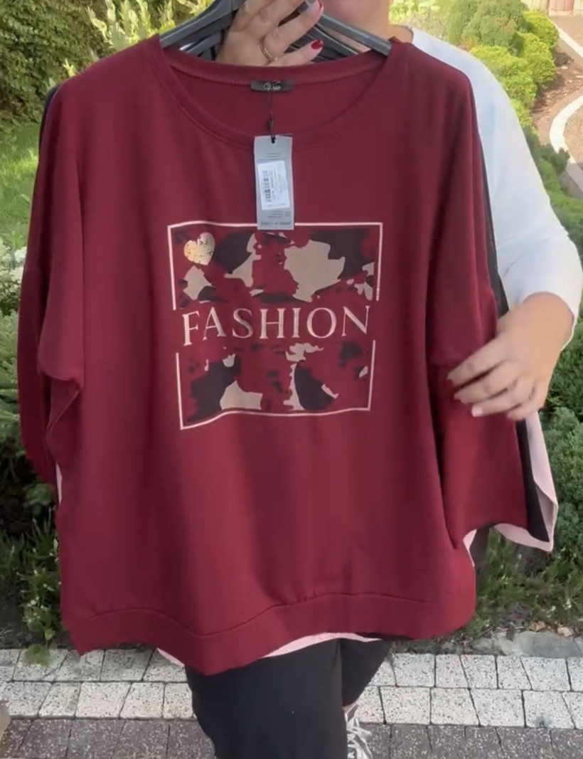 Bluzka jednokolorowa, wzór fasion krówka, veso - 9184 - bordo