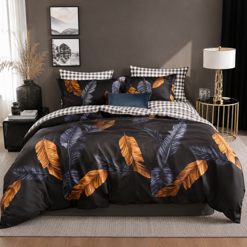 Komplet pościeli 3cz. 200×220cm  satyna bawełniana czarna w liście PO-D3