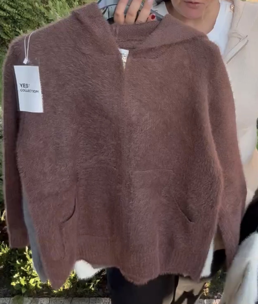 Sweter na zamek z kapturem jednokolorowy, alpaka, yes, (rozm. m/l, xl/2xl) - 7908 - czekolada