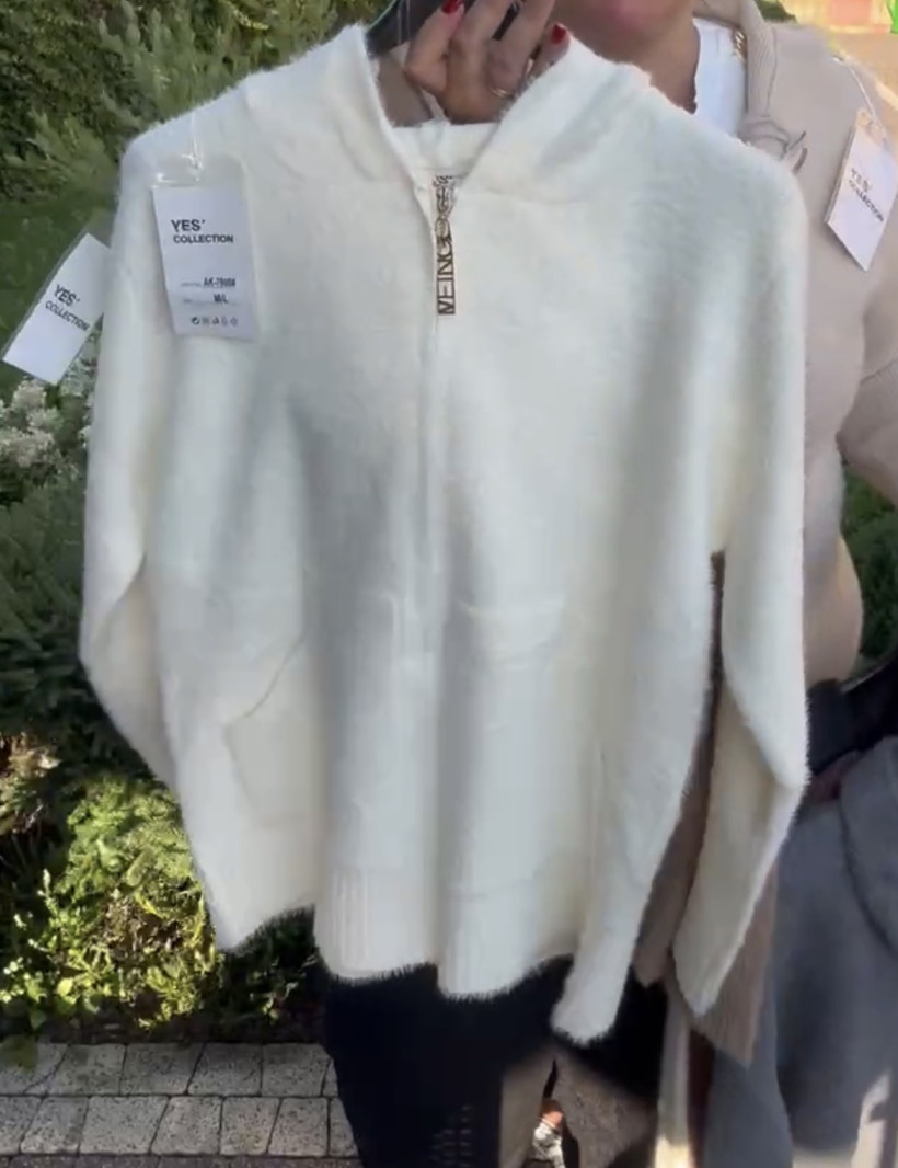Sweter na zamek z kapturem jednokolorowy, alpaka, yes, (rozm. m/l, xl/2xl) - 7908 - śmietankowy