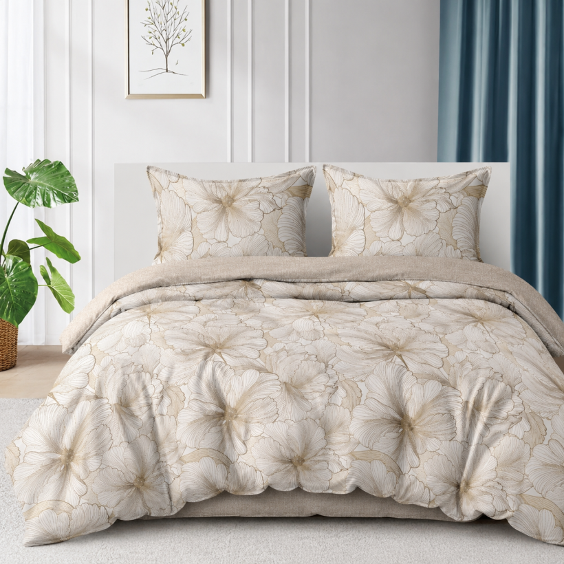 Komplet pościeli 3cz. 200×220cm  satyna bawełniana brązowe kwiaty PO-D3