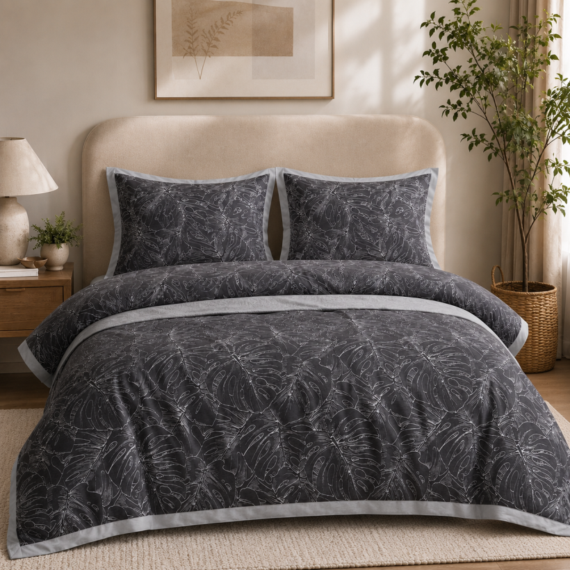 Komplet pościeli 3cz. 200×220cm  satyna bawełniana ciemna monstera PO-D3