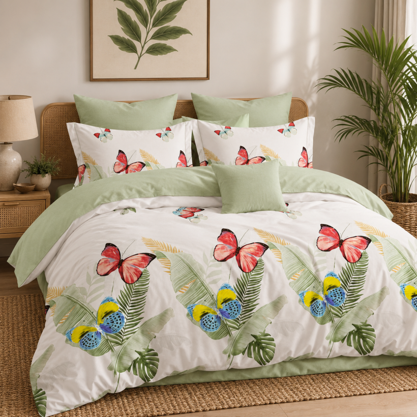 Komplet pościeli 3cz. 200×220cm  satyna bawełniana biała w motyle PO-D3