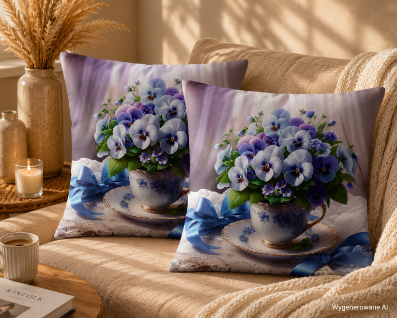 Zestaw 2 sztuk dekoracyjnych poszewek na poduszki 40x40cm PF-195 kwiaty w filiżance