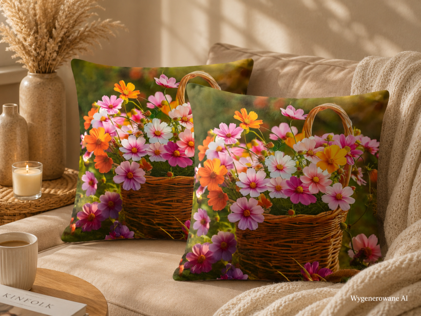 Zestaw 2 sztuk dekoracyjnych poszewek na poduszki 40x40cm PF-175 kolorowe kwiaty w koszyku