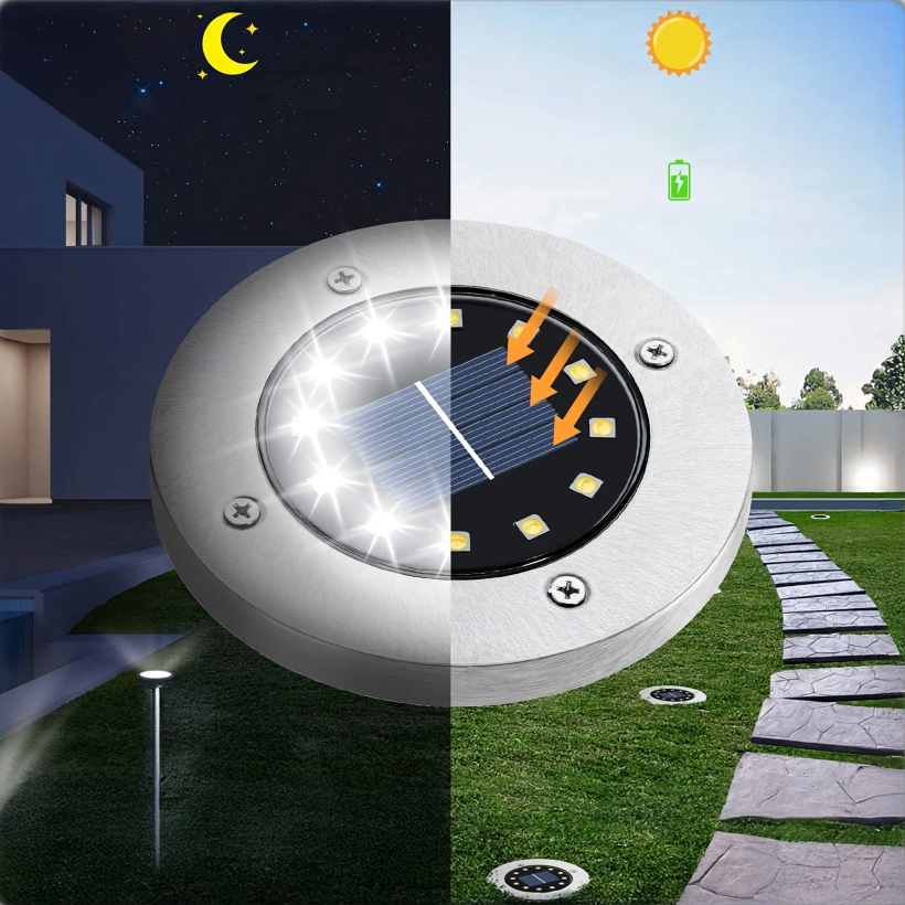 Lampa solarna ogrodowa dysk lampki led gruntowe czujnik zmierzchu 8 led- zimna biel
