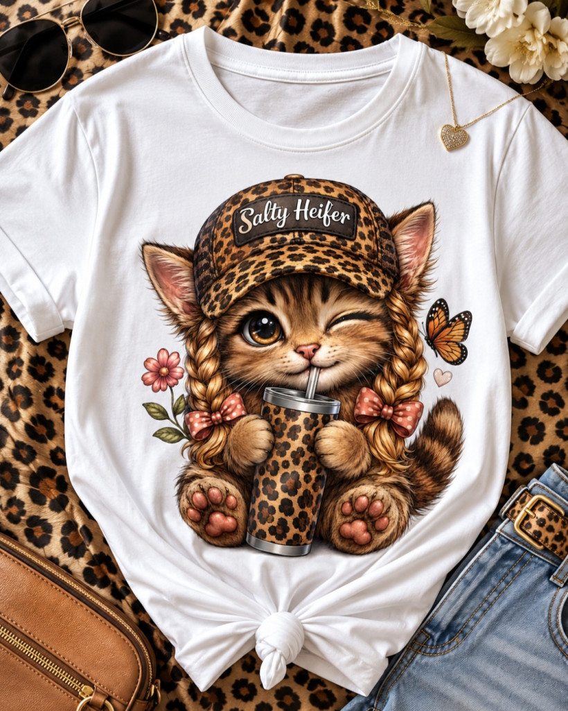 ZA T-shirt BIAŁY- Kotek warkocze panterka