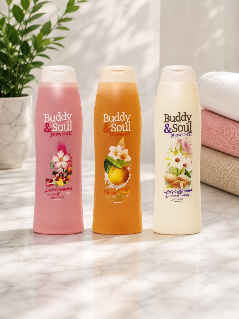 Buddy & Soul Żel pod Prysznic Różne Zapachy Brzoskwinia Migdał Granat 1000 ml
