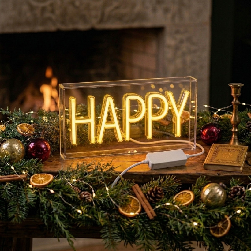 Neon LED HAPPY– dekoracyjna lampka świąteczna USB, żółte światło