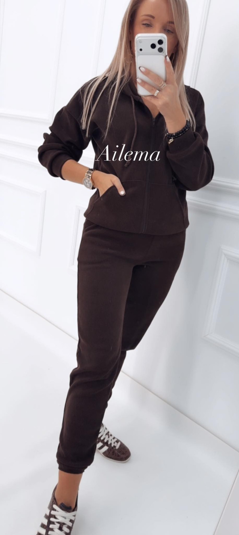Komplet prążek sz858 bluza zasuwana na zamek z kapturem i dresy