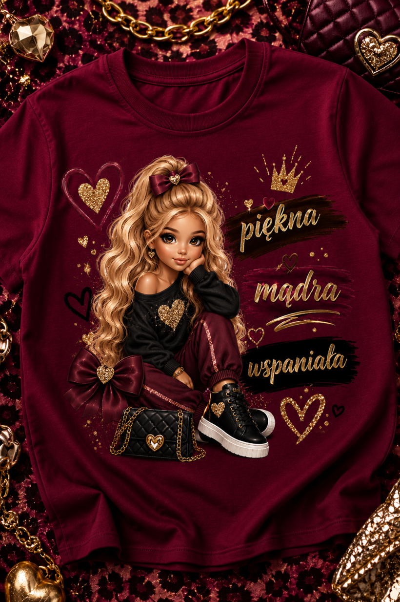 ZA T-shirt BORDO - piękna, mądra, wspaniała - BLOND