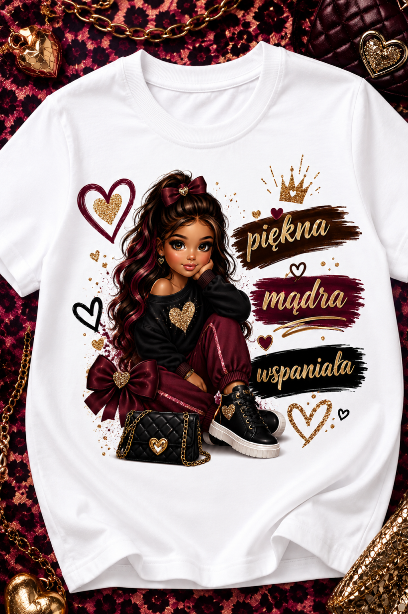 ZA T-shirt BIAŁY - piękna, mądra, wspaniała - BRUNETKA
